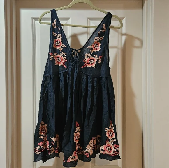 Free People Embroidered Aida Mini Slip Dress V Neck Sleeveless A Line S Navy NWT - Picture 14 of 15
